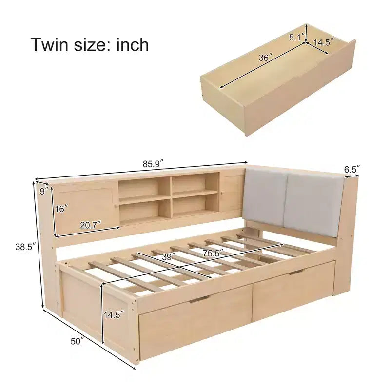 Lettino a L in legno con testiera imbottita contenitore, porte di ricarica USB e libreria contenitore