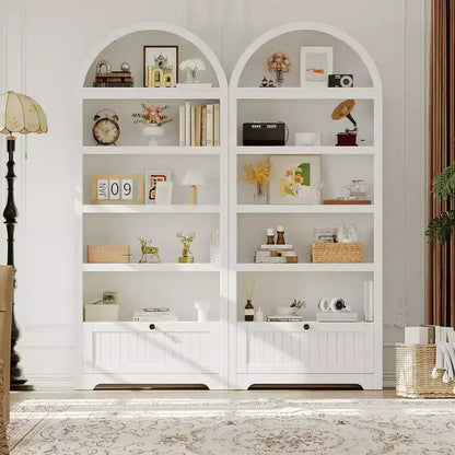 Armadio contenitore ad arco in legno alto 72 pollici, dispensa da cucina con espositore aperto e cassetto, libreria ad arco a 6 ripiani e credenza con ripiani regolabili