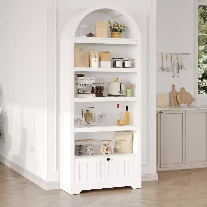 Armadio contenitore ad arco in legno alto 72 pollici, dispensa da cucina con espositore aperto e cassetto, libreria ad arco a 6 ripiani e credenza con ripiani regolabili