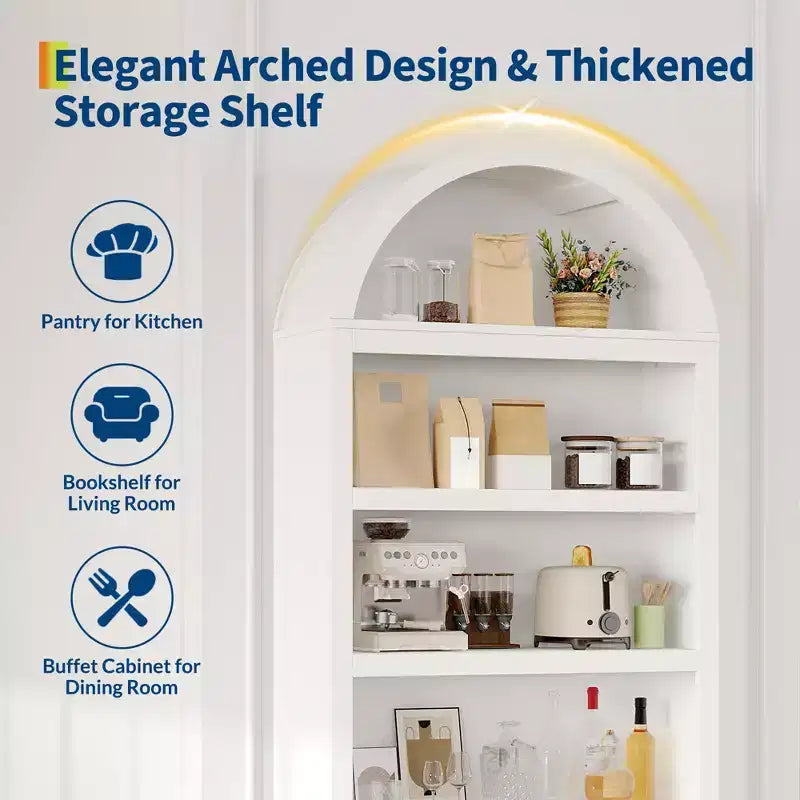 Armadio contenitore ad arco in legno alto 72 pollici, dispensa da cucina con espositore aperto e cassetto, libreria ad arco a 6 ripiani e credenza con ripiani regolabili