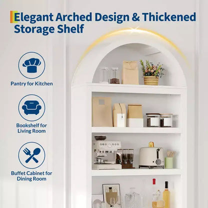 Armadio contenitore ad arco in legno alto 72 pollici, dispensa da cucina con espositore aperto e cassetto, libreria ad arco a 6 ripiani e credenza con ripiani regolabili