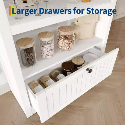 Armadio contenitore ad arco in legno alto 72 pollici, dispensa da cucina con espositore aperto e cassetto, libreria ad arco a 6 ripiani e credenza con ripiani regolabili