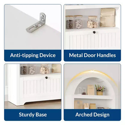 Armadio contenitore ad arco in legno alto 72 pollici, dispensa da cucina con espositore aperto e cassetto, libreria ad arco a 6 ripiani e credenza con ripiani regolabili