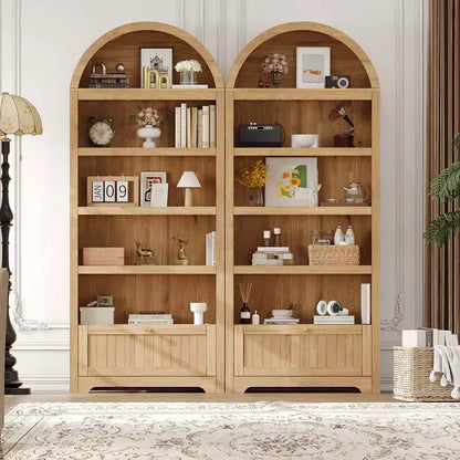 Armadio contenitore ad arco in legno alto 72 pollici, dispensa da cucina con espositore aperto e cassetto, libreria ad arco a 6 ripiani e credenza con ripiani regolabili
