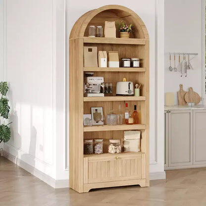 Armadio contenitore ad arco in legno alto 72 pollici, dispensa da cucina con espositore aperto e cassetto, libreria ad arco a 6 ripiani e credenza con ripiani regolabili