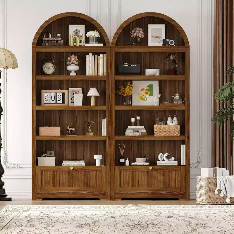 Armadio contenitore ad arco in legno alto 72 pollici, dispensa da cucina con espositore aperto e cassetto, libreria ad arco a 6 ripiani e credenza con ripiani regolabili
