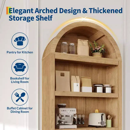 Armadio contenitore ad arco in legno alto 72 pollici, dispensa da cucina con espositore aperto e cassetto, libreria ad arco a 6 ripiani e credenza con ripiani regolabili