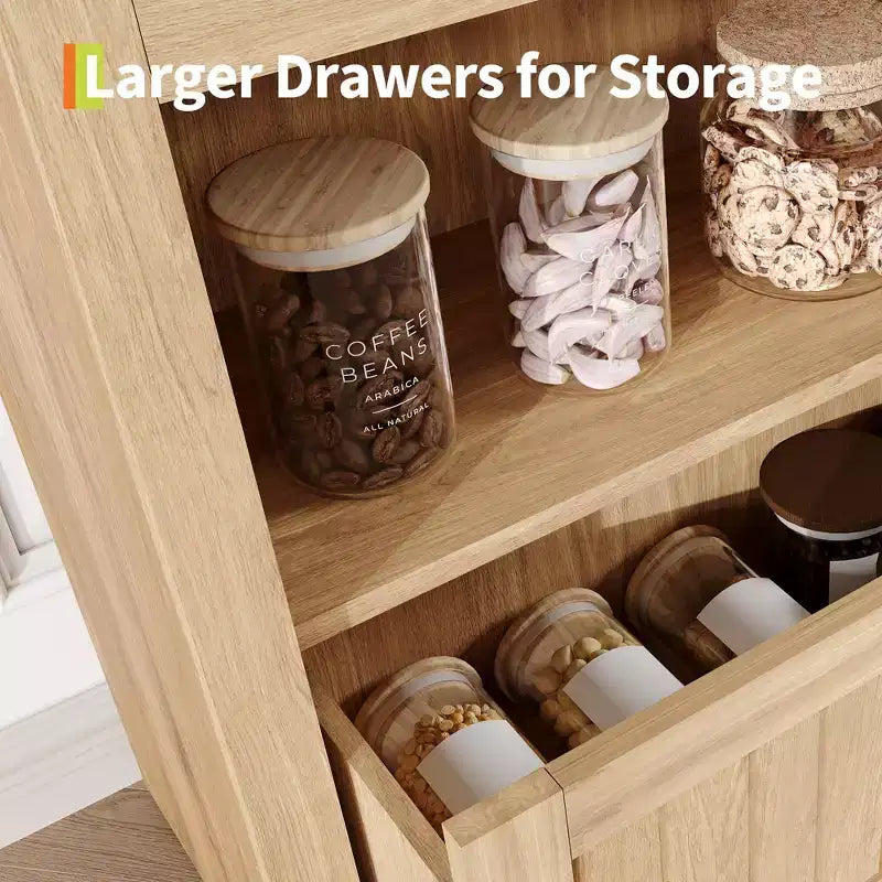 Armadio contenitore ad arco in legno alto 72 pollici, dispensa da cucina con espositore aperto e cassetto, libreria ad arco a 6 ripiani e credenza con ripiani regolabili