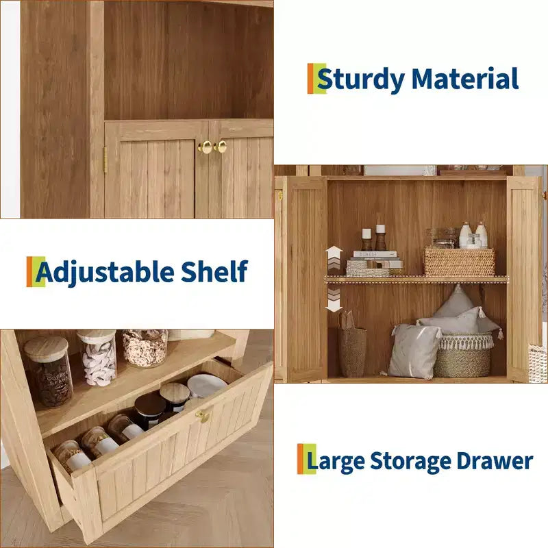 Armadio contenitore ad arco in legno alto 72 pollici, dispensa da cucina con espositore aperto e cassetto, libreria ad arco a 6 ripiani e credenza con ripiani regolabili