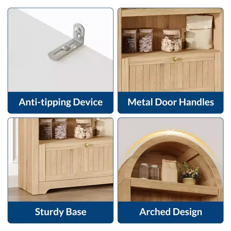 Armadio contenitore ad arco in legno alto 72 pollici, dispensa da cucina con espositore aperto e cassetto, libreria ad arco a 6 ripiani e credenza con ripiani regolabili