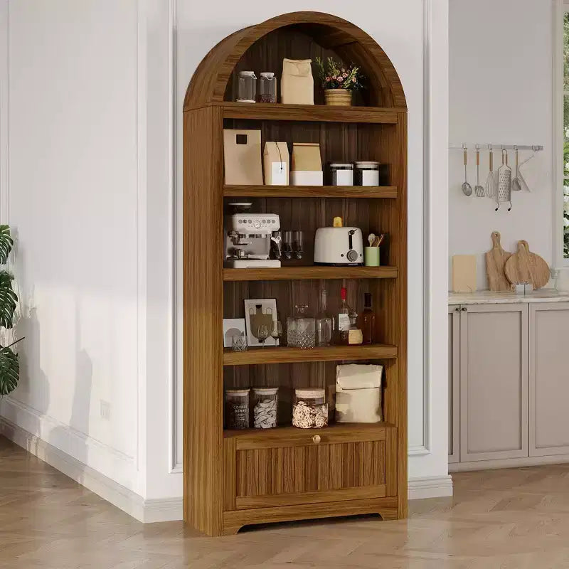 Armadio contenitore ad arco in legno alto 72 pollici, dispensa da cucina con espositore aperto e cassetto, libreria ad arco a 6 ripiani e credenza con ripiani regolabili