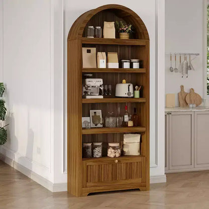 Armadio contenitore ad arco in legno alto 72 pollici, dispensa da cucina con espositore aperto e cassetto, libreria ad arco a 6 ripiani e credenza con ripiani regolabili