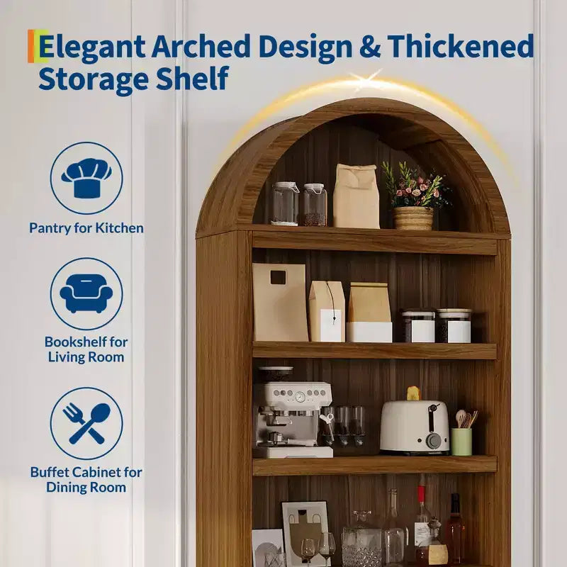 Armadio contenitore ad arco in legno alto 72 pollici, dispensa da cucina con espositore aperto e cassetto, libreria ad arco a 6 ripiani e credenza con ripiani regolabili