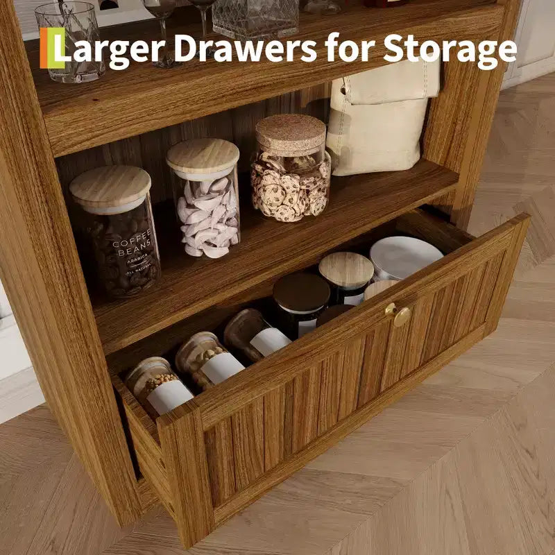 Armadio contenitore ad arco in legno alto 72 pollici, dispensa da cucina con espositore aperto e cassetto, libreria ad arco a 6 ripiani e credenza con ripiani regolabili