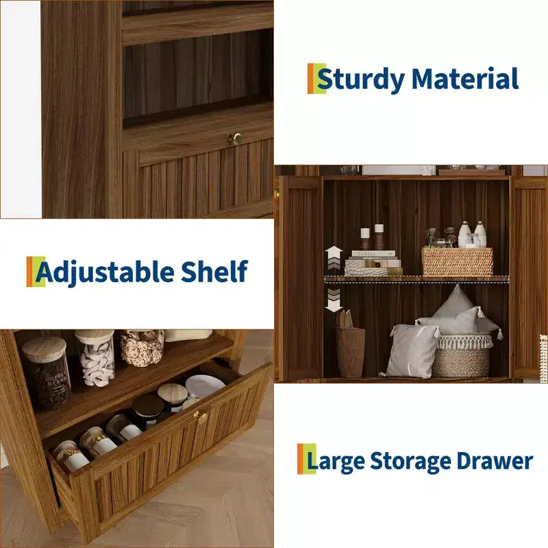 Armadio contenitore ad arco in legno alto 72 pollici, dispensa da cucina con espositore aperto e cassetto, libreria ad arco a 6 ripiani e credenza con ripiani regolabili