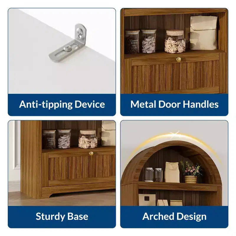 Armadio contenitore ad arco in legno alto 72 pollici, dispensa da cucina con espositore aperto e cassetto, libreria ad arco a 6 ripiani e credenza con ripiani regolabili