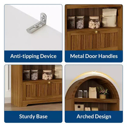 Armadio contenitore ad arco in legno alto 72 pollici, dispensa da cucina con espositore aperto e cassetto, libreria ad arco a 6 ripiani e credenza con ripiani regolabili