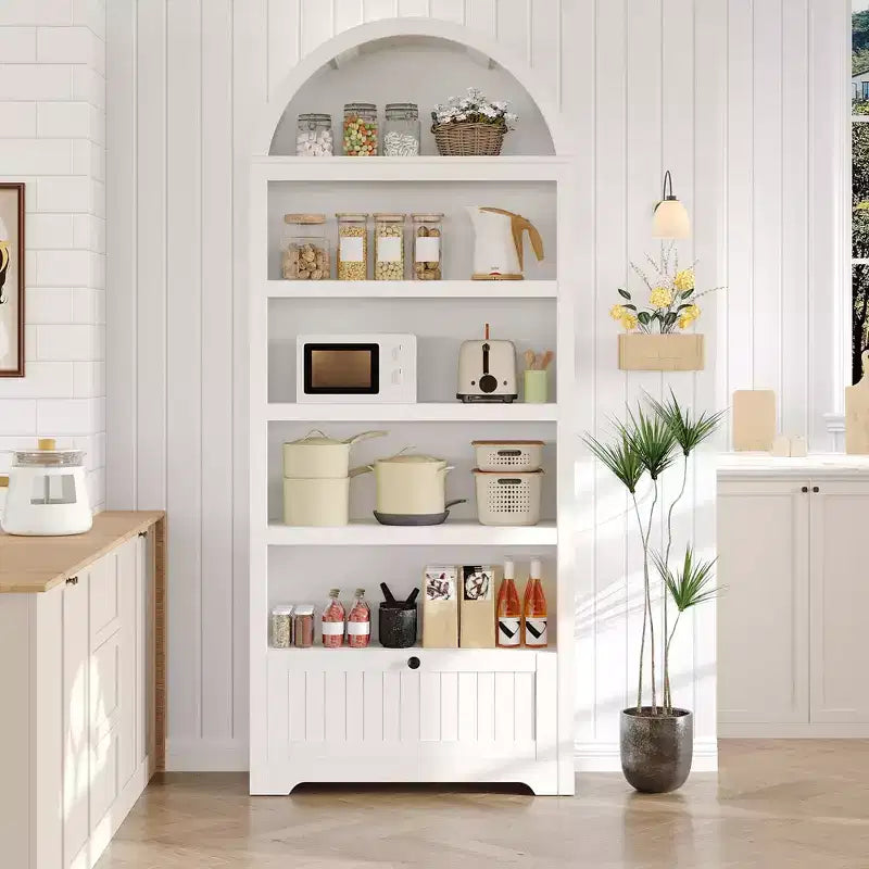 Armadio contenitore ad arco in legno alto 72 pollici, dispensa da cucina con espositore aperto e cassetto, libreria ad arco a 6 ripiani e credenza con ripiani regolabili
