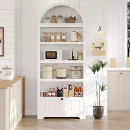 Armadio contenitore ad arco in legno alto 72 pollici, dispensa da cucina con espositore aperto e cassetto, libreria ad arco a 6 ripiani e credenza con ripiani regolabili