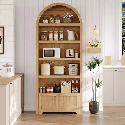 Armadio contenitore ad arco in legno alto 72 pollici, dispensa da cucina con espositore aperto e cassetto, libreria ad arco a 6 ripiani e credenza con ripiani regolabili