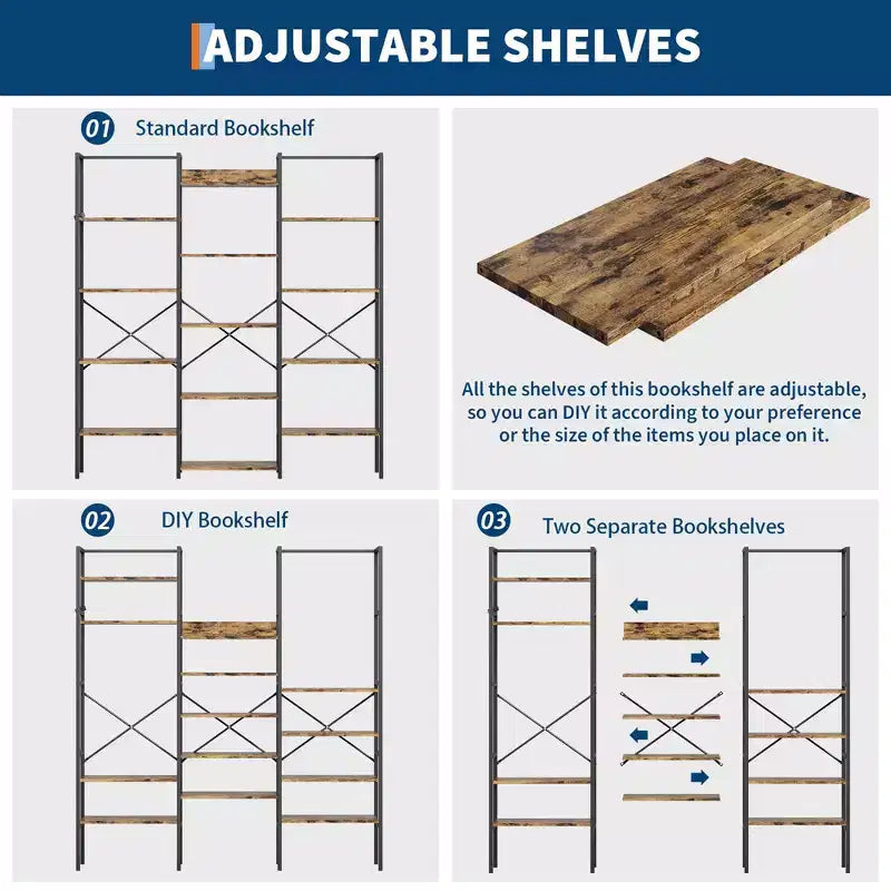 Libreria industriale a 5 ripiani con mensole regolabili in legno e struttura in metallo resistente, capacità 45 kg, ampio organizer