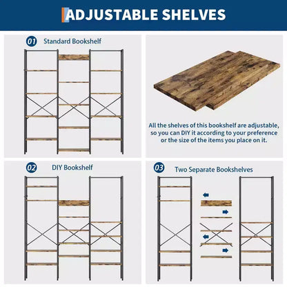 Libreria industriale a 5 ripiani con mensole regolabili in legno e struttura in metallo resistente, capacità 45 kg, ampio organizer