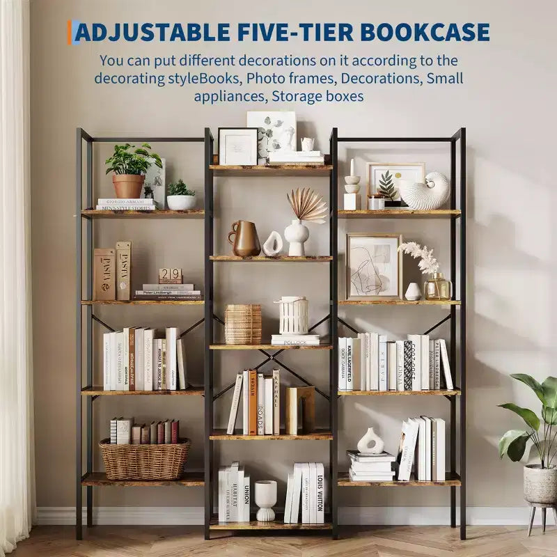 Libreria industriale a 5 ripiani con mensole regolabili in legno e struttura in metallo resistente, capacità 45 kg, ampio organizer