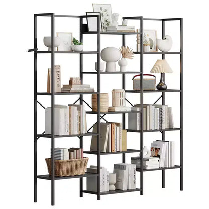 Libreria industriale a 5 ripiani con mensole regolabili in legno e struttura in metallo resistente, capacità 45 kg, ampio organizer