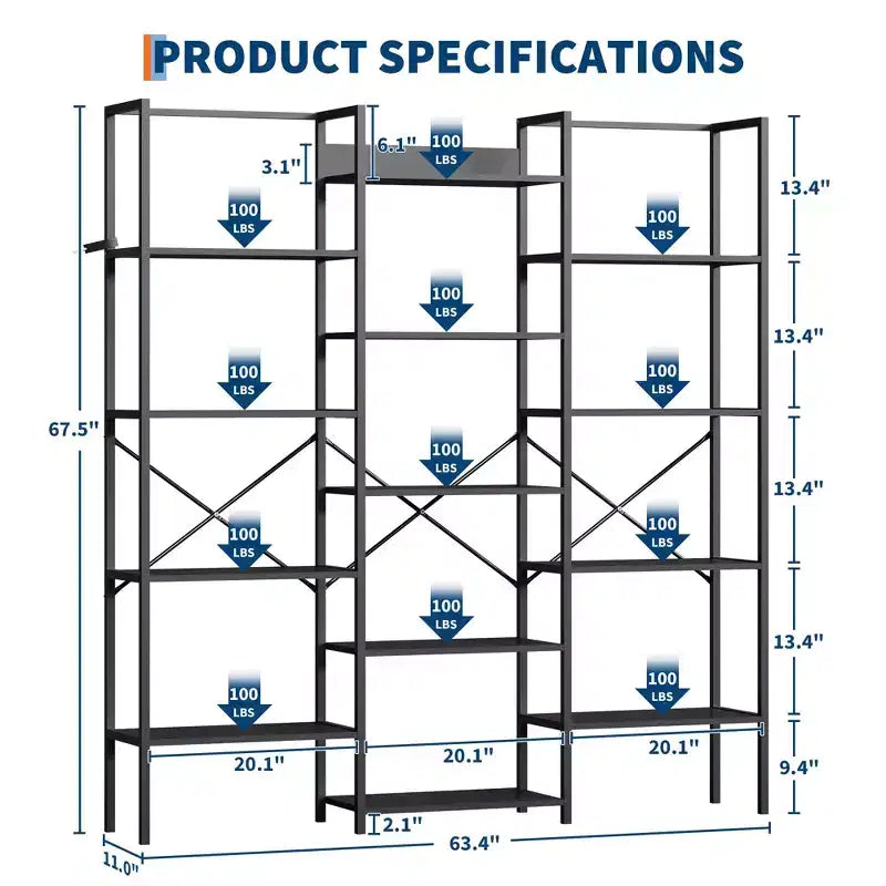 Libreria industriale a 5 ripiani con mensole regolabili in legno e struttura in metallo resistente, capacità 45 kg, ampio organizer