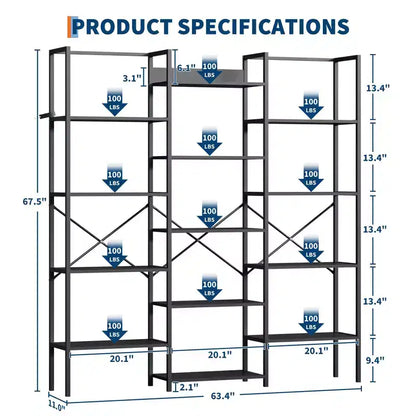 Libreria industriale a 5 ripiani con mensole regolabili in legno e struttura in metallo resistente, capacità 45 kg, ampio organizer