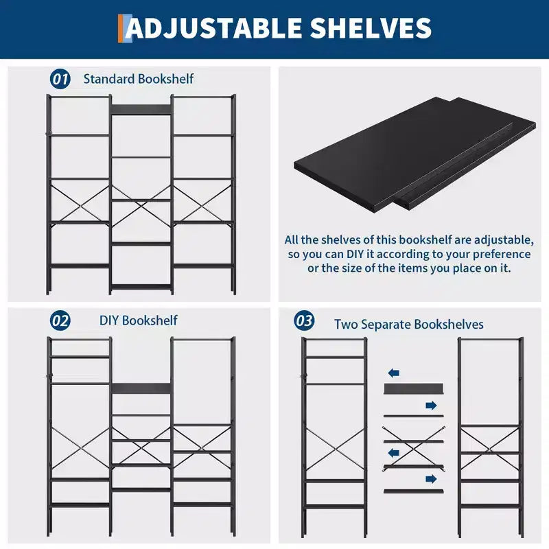 Libreria industriale a 5 ripiani con mensole regolabili in legno e struttura in metallo resistente, capacità 45 kg, ampio organizer