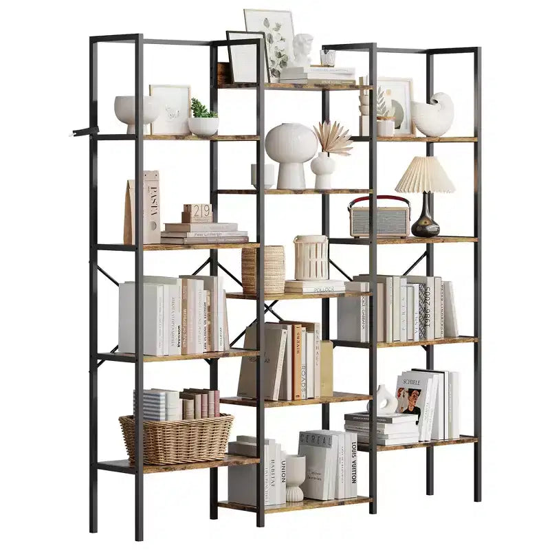 Libreria industriale a 5 ripiani con mensole regolabili in legno e struttura in metallo resistente, capacità 45 kg, ampio organizer