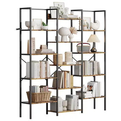 Libreria industriale a 5 ripiani con mensole regolabili in legno e struttura in metallo resistente, capacità 45 kg, ampio organizer