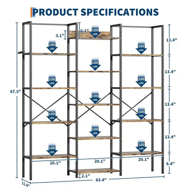 Libreria industriale a 5 ripiani con mensole regolabili in legno e struttura in metallo resistente, capacità 45 kg, ampio organizer
