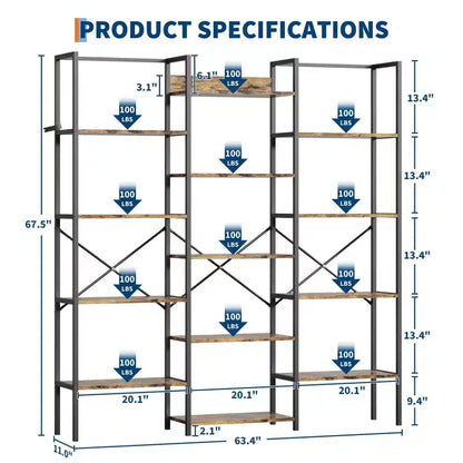 Libreria industriale a 5 ripiani con mensole regolabili in legno e struttura in metallo resistente, capacità 45 kg, ampio organizer