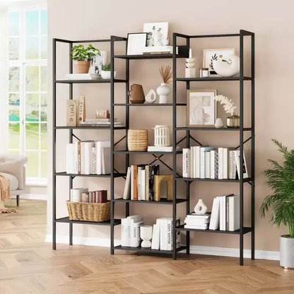 Libreria industriale a 5 ripiani con mensole regolabili in legno e struttura in metallo resistente, capacità 45 kg, ampio organizer