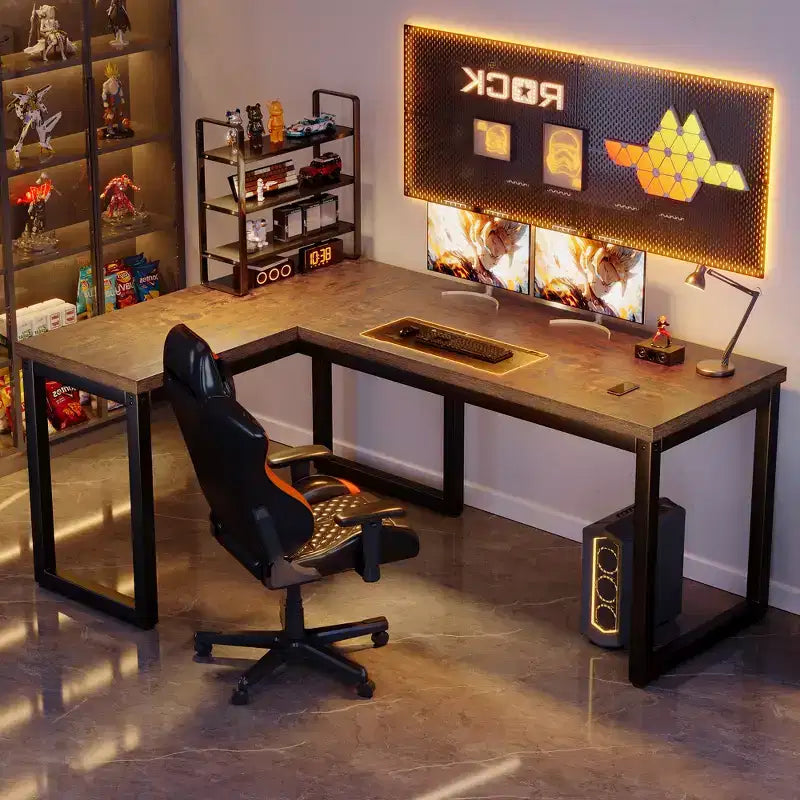 Scrivania angolare a L da 66 pollici, piano da 1,2 extra spesso, telaio in metallo resistente, workstation per ufficio, gaming e scrittura, marrone rustico