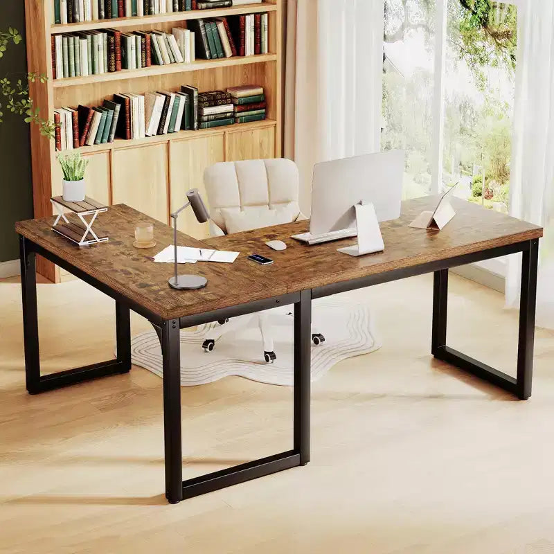 Scrivania angolare a L da 66 pollici, piano da 1,2 extra spesso, telaio in metallo resistente, workstation per ufficio, gaming e scrittura, marrone rustico