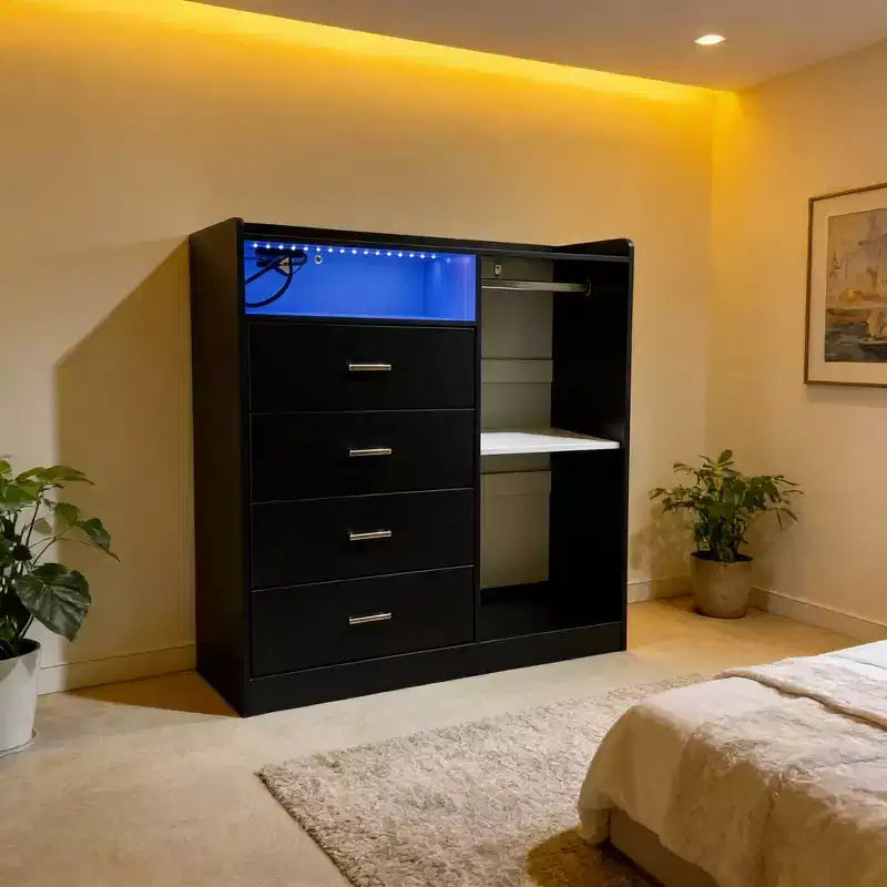 Comodino Moderno a LED con Armadio Aperto, 4 Cassetti e Design Salvaspazio