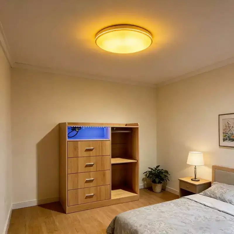 Comodino Moderno a LED con Armadio Aperto, 4 Cassetti e Design Salvaspazio