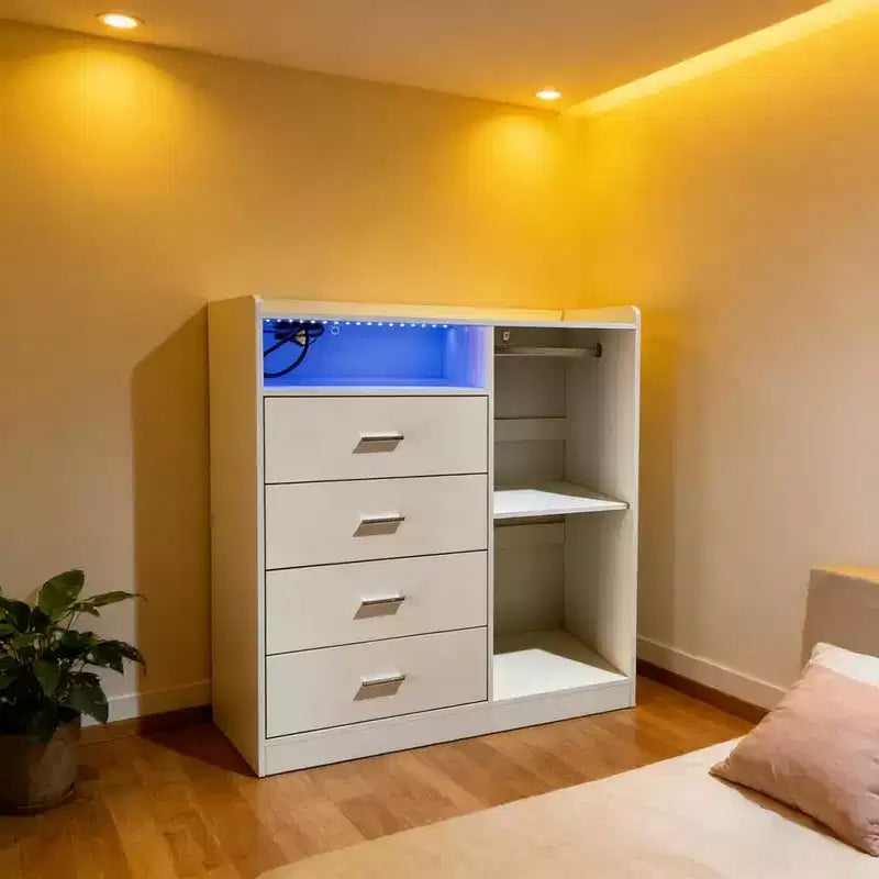Comodino Moderno a LED con Armadio Aperto, 4 Cassetti e Design Salvaspazio