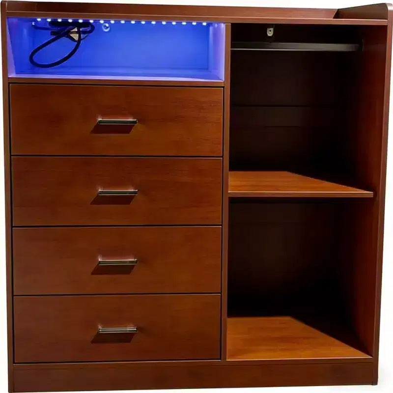 Comodino Moderno a LED con Armadio Aperto, 4 Cassetti e Design Salvaspazio