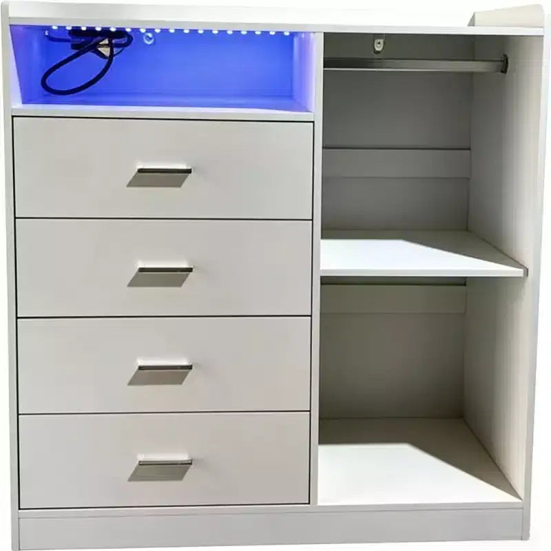 Comodino Moderno a LED con Armadio Aperto, 4 Cassetti e Design Salvaspazio