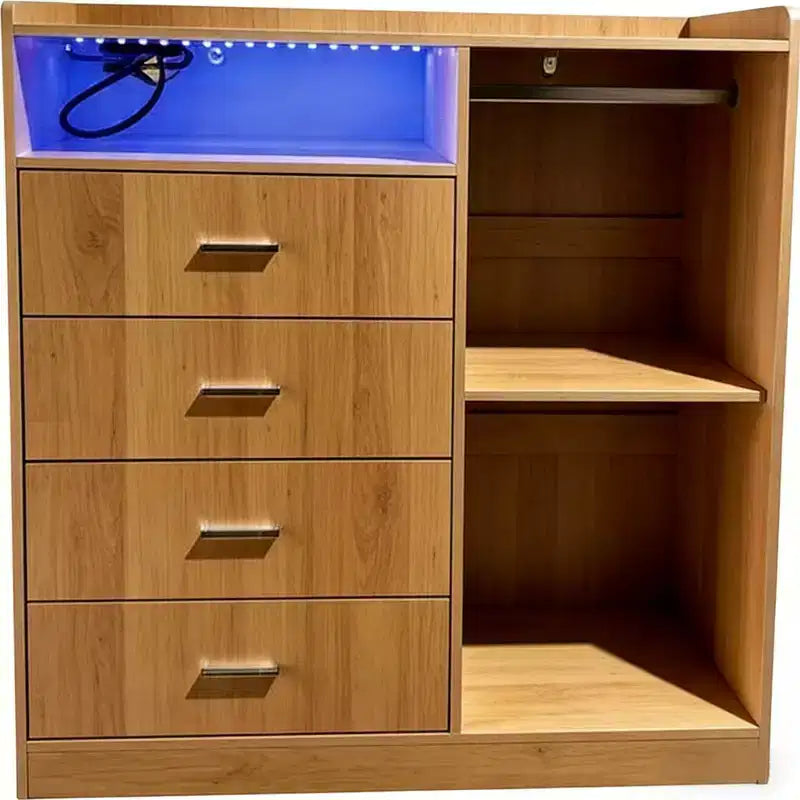 Comodino Moderno a LED con Armadio Aperto, 4 Cassetti e Design Salvaspazio