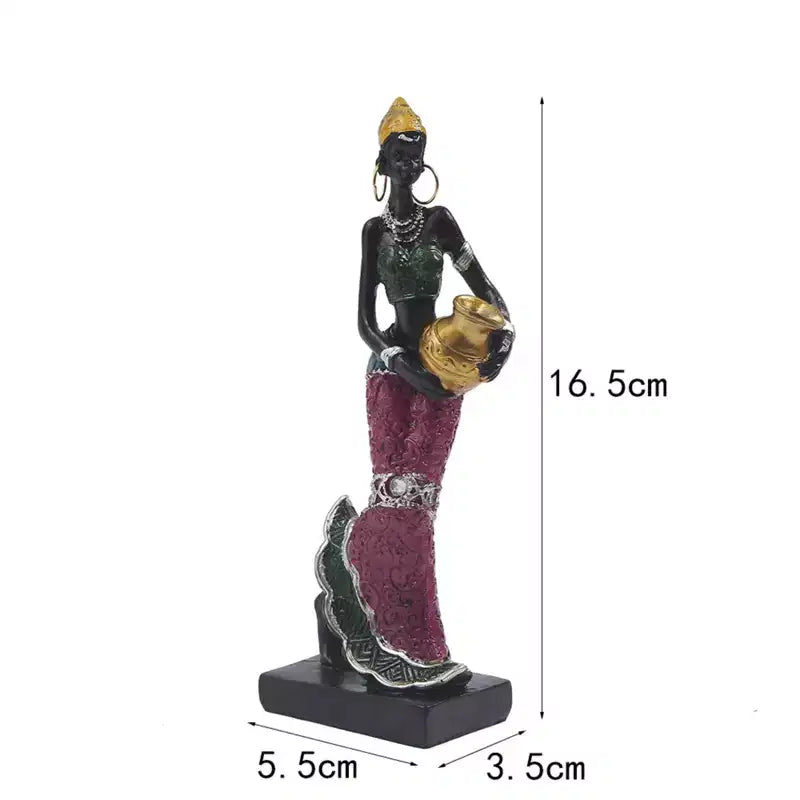 Statuetta Esotica di Donna Africana in Resina 16,5cm Scultura Artigianale in Abiti Floreali con Vaso Dorato
