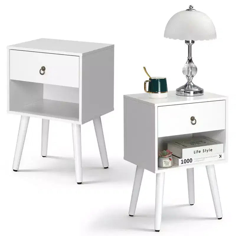 Comodino Largo 38 cm con 1 Cassetto e Ripiano Inferiore, Set da 2