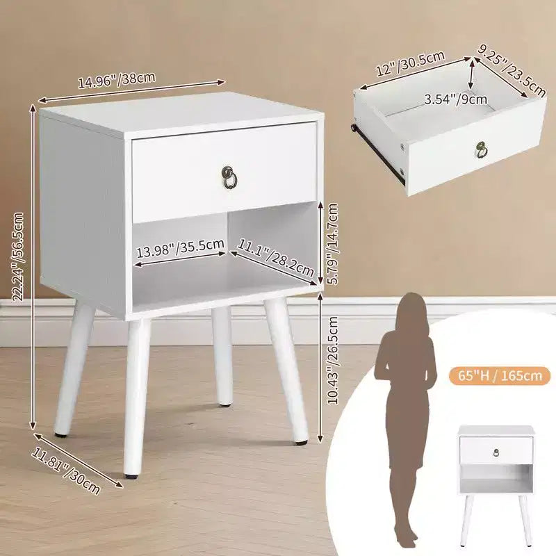 Comodino Largo 38 cm con 1 Cassetto e Ripiano Inferiore, Set da 2
