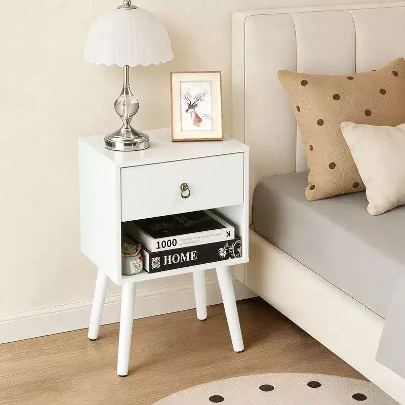 Comodino Largo 38 cm con 1 Cassetto e Ripiano Inferiore, Set da 2