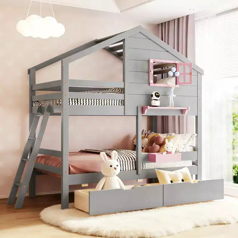 Letto a castello Twin su Twin a casetta con 2 cassetti, ripiani portaoggetti e finestra