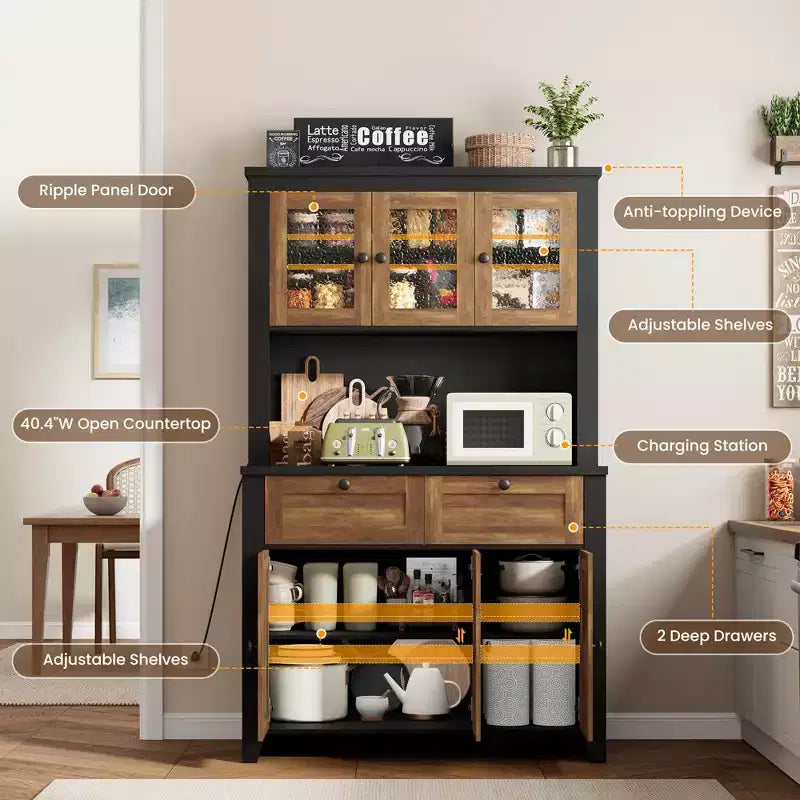 Dispensa alta con stazione di ricarica, mobile contenitore moderno per cucina con piano di lavoro, cassetti e ripiani regolabili